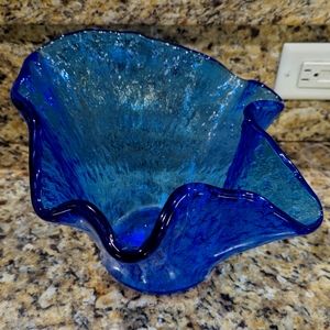 Cobalt Blue Art Glass Handkerchief Bowl Vase Murero Handmade Italy Rain Texture
